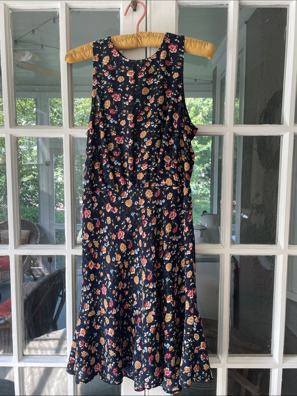 J. Crew Navy Sleeveless Midi Dress with Pink & Mustard Floral Print